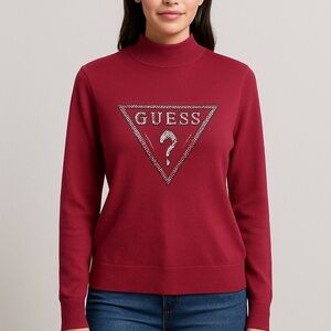 GUESS Pink Mock Neck Logo Sweater XL | Beaded Pearl Embellished Preppy Boho Knit